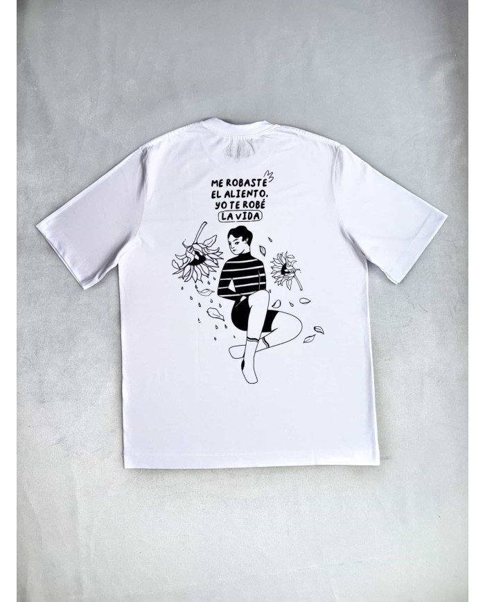 Camiseta blanca me robaste el aliento, yo te robare la vida